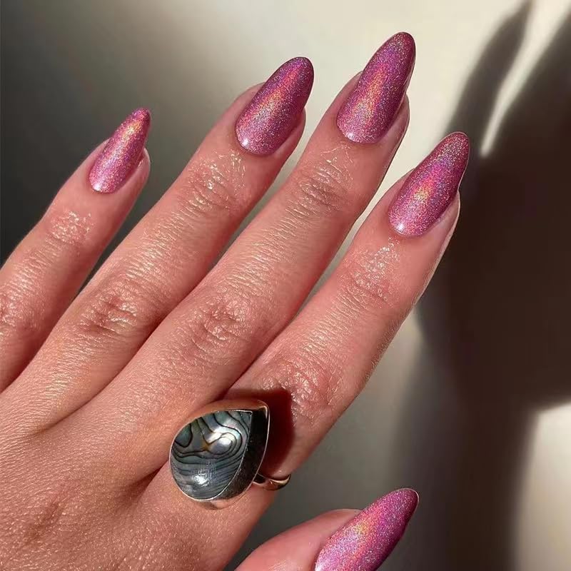 CTTHNBD Press on Nails Almond - Medium Fake Nails with Chrome Colorful Design - Pink False Nails Press ons - for Women 24 Pcs - Image 1